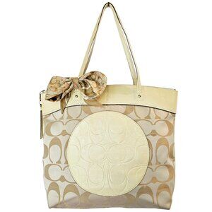 Coach Vintage Signature Tote Bag in Cream & Tan with Leather Trim & Coach Scarf